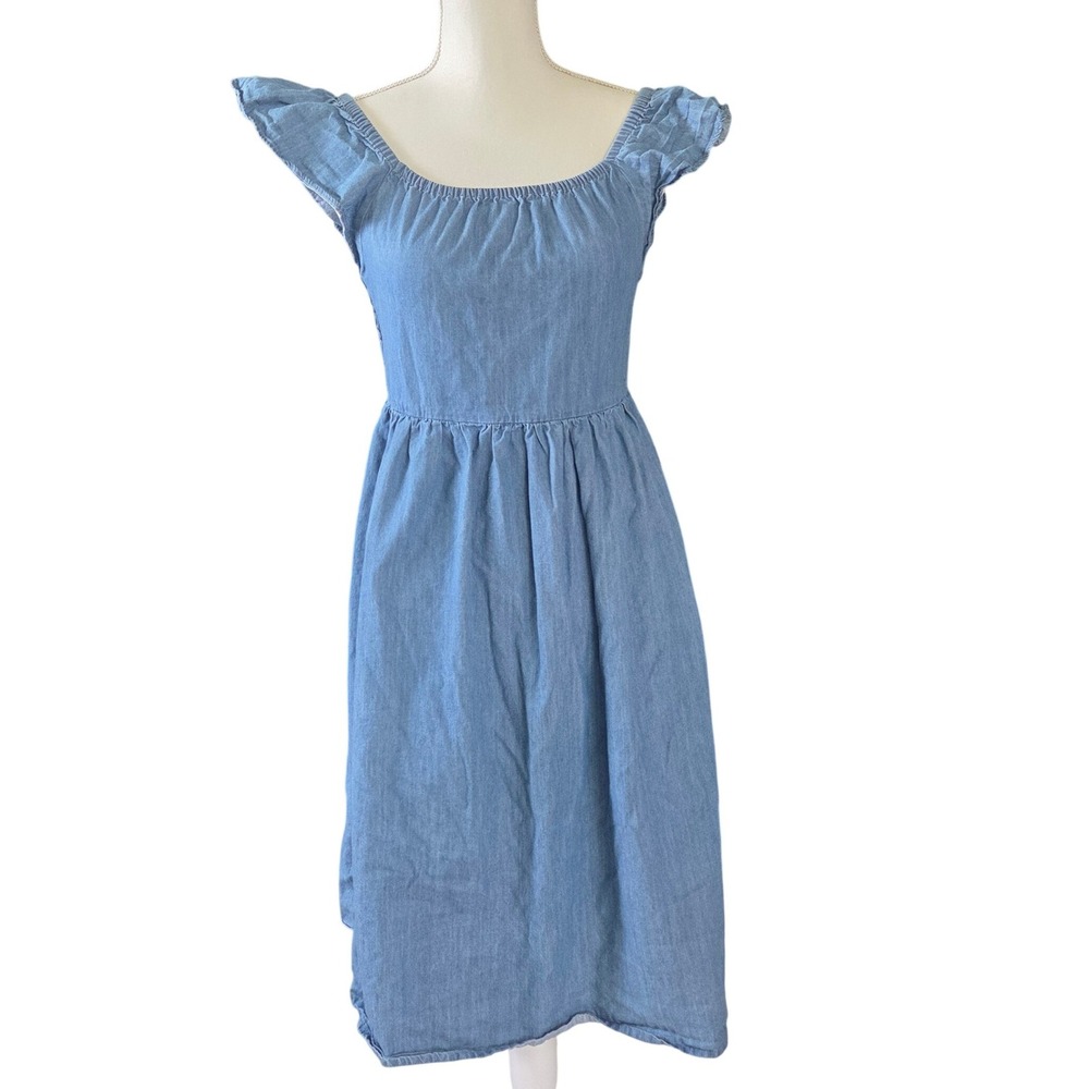 Roxy Girls Blue Chambray Denim Flutter Sleeve Smocked Back Dress Size Large